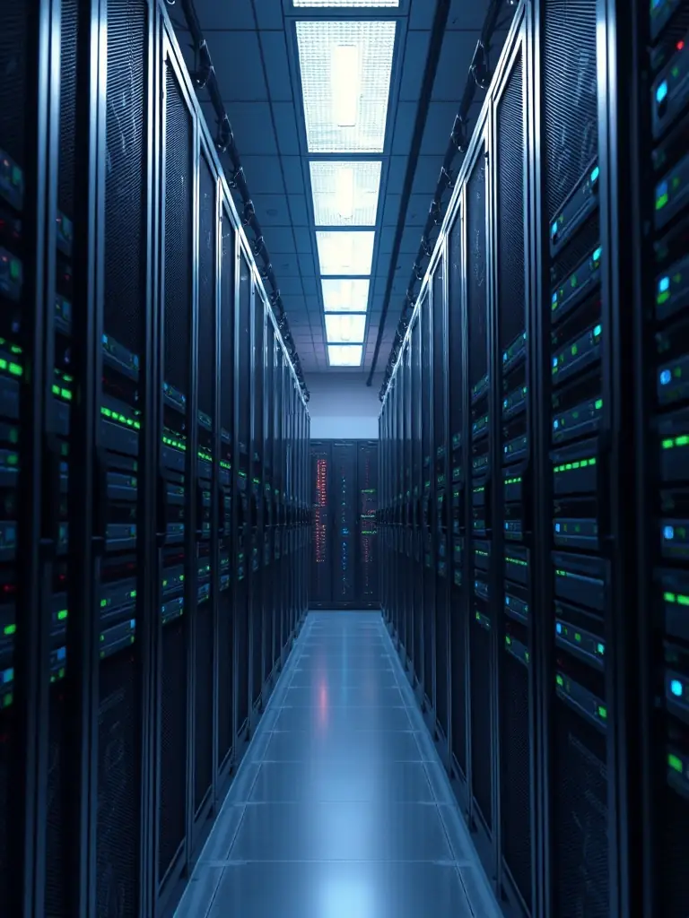 A secure server room with blinking lights, symbolizing the robust and secure infrastructure supporting GM Data Processing's data collection and analysis services.