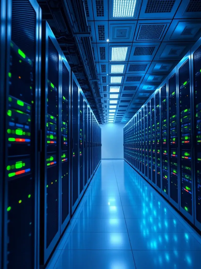 A secure server room with blinking lights, symbolizing the robust and secure data infrastructure used by GM Data Processing for data processing services.