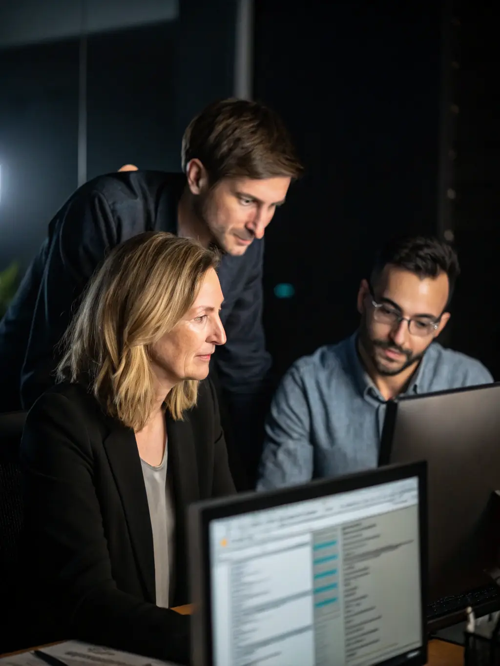 A professional setting showcasing analysts at GM Data Processing meticulously verifying news from multiple sources on their computer screens, ensuring accuracy and reliability.