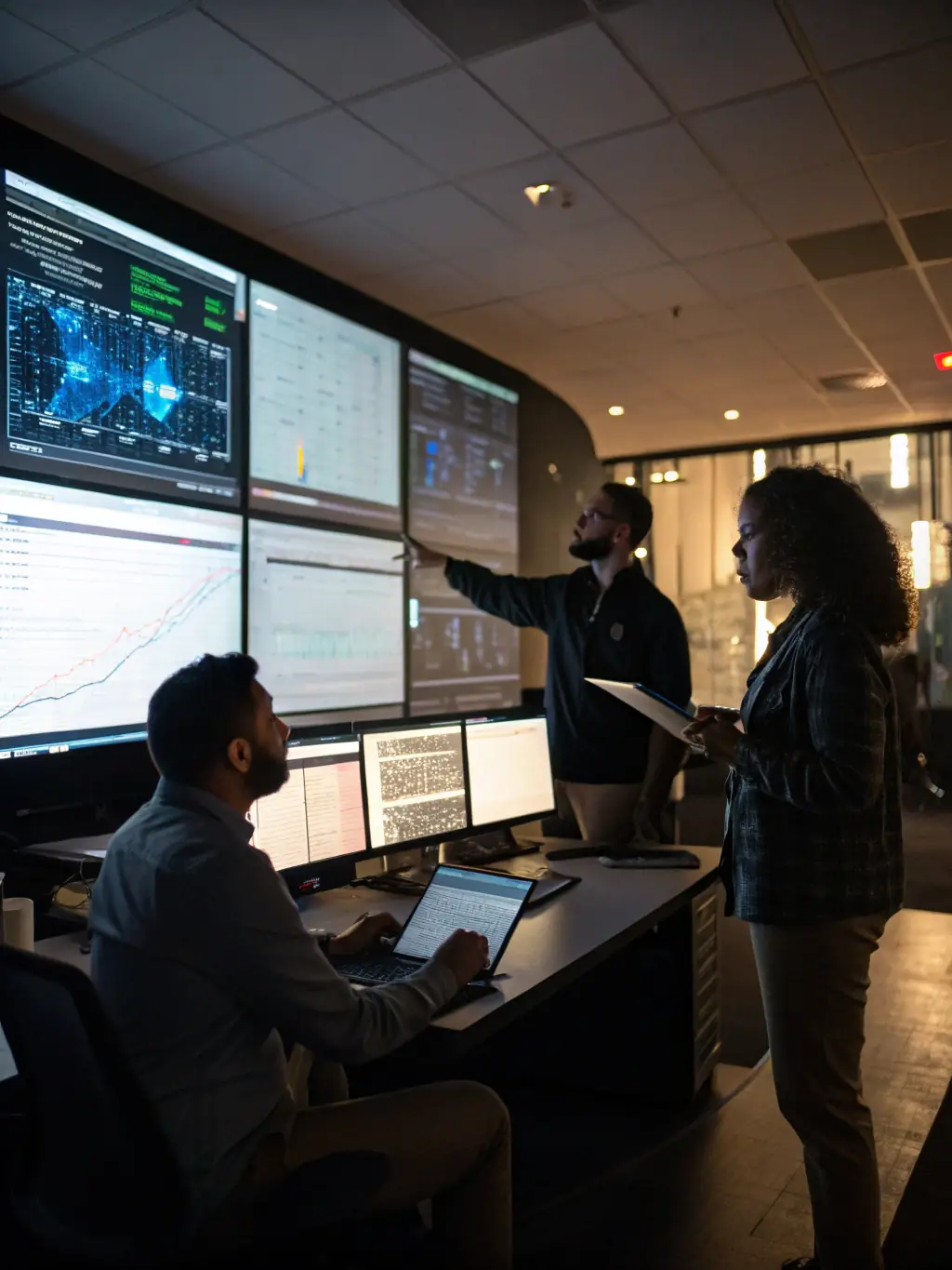 A professional setting showcasing analysts meticulously verifying news data across multiple screens, ensuring accuracy and reliability for GM Data Processing's clients.