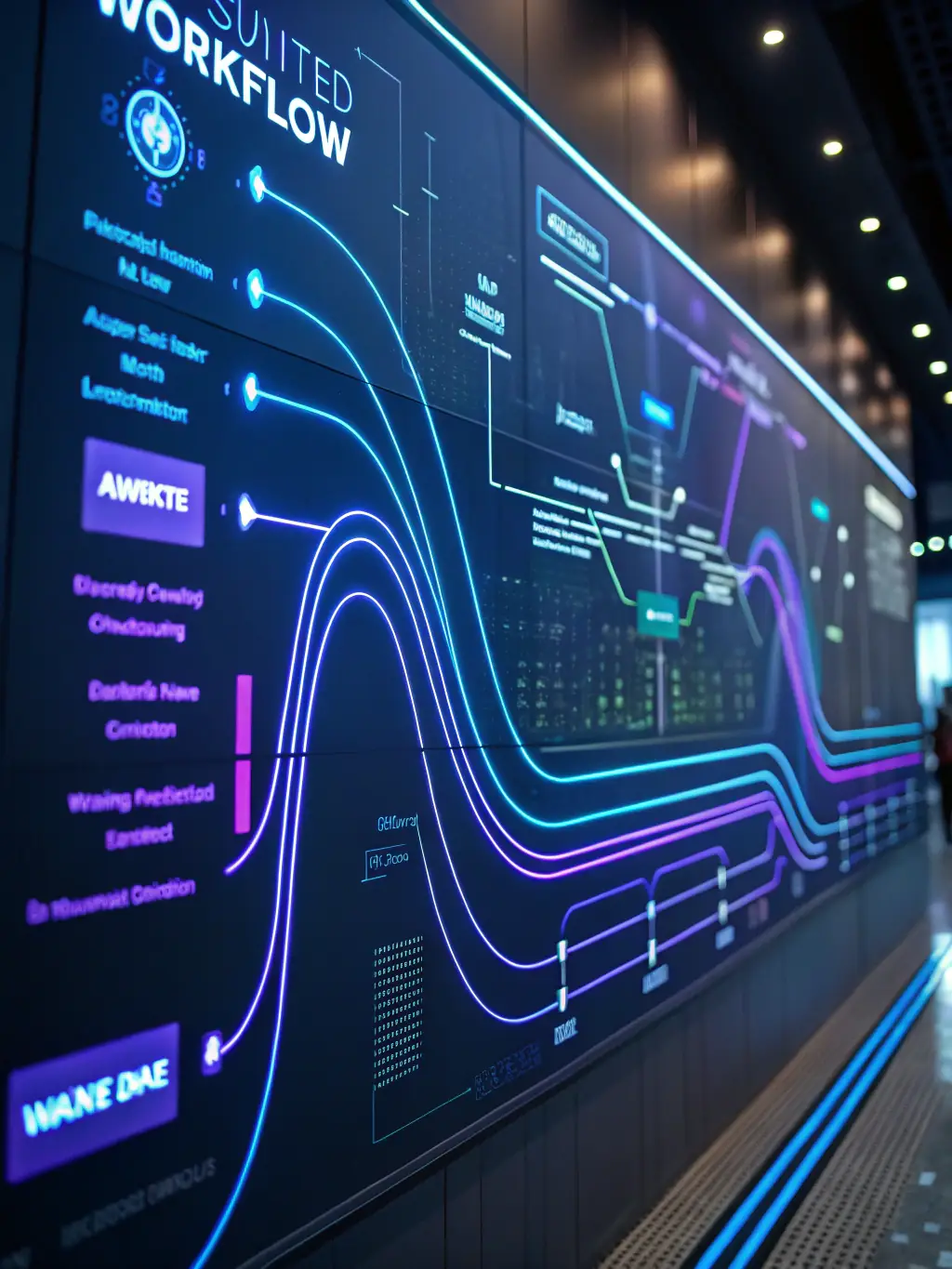 An image of a sleek AI interface with data streams and automation workflows, showcasing GM Data Processing's AI Agents for Corporate Needs.